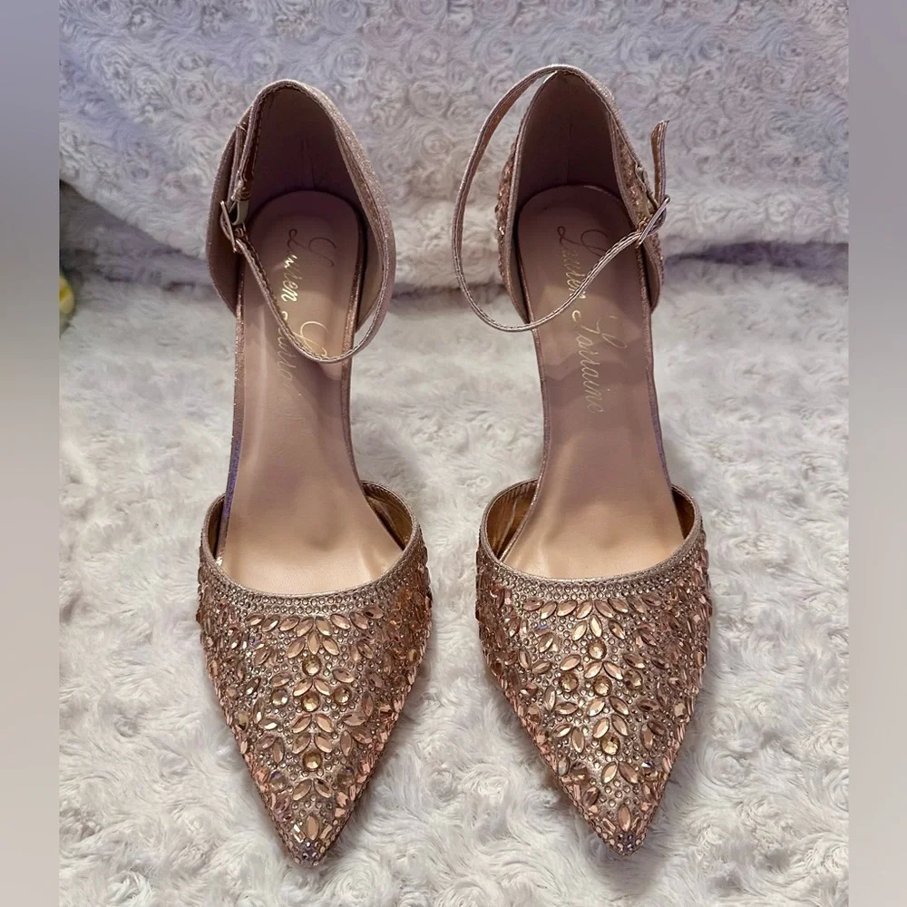 Lauren Lorraine Sparkling Rose Sling Back Pointy Toe Heels - Picture 3 of 13
